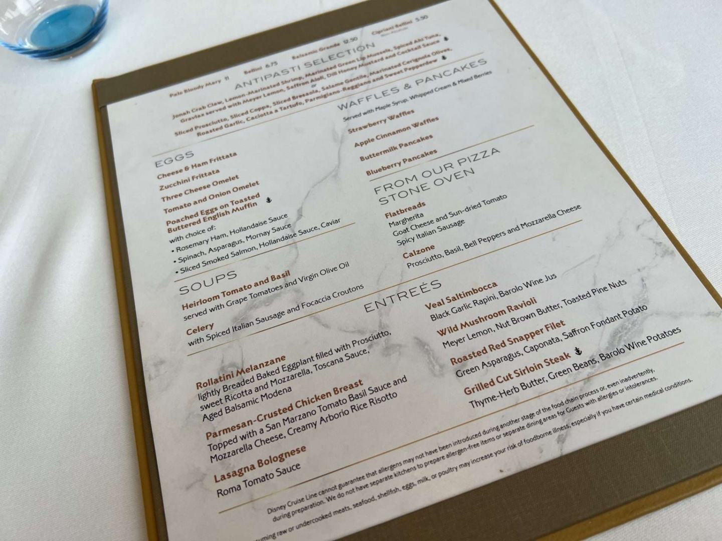 Palo Brunch Menu on the Disney Wonder Cruise ship