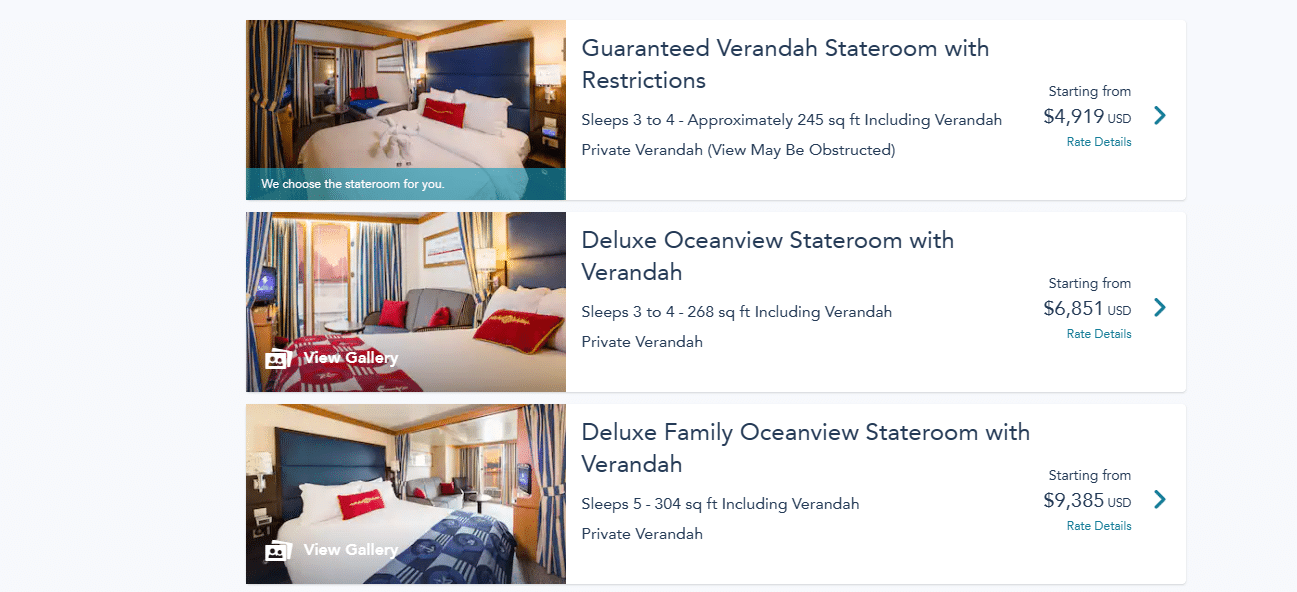 Room prices for guaranteed staterooms on disney cruise line