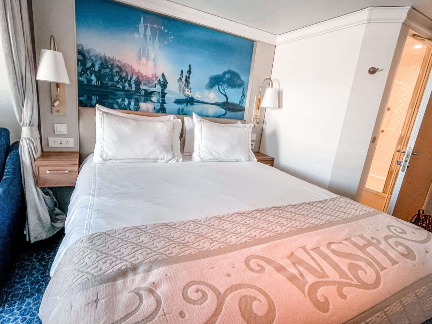 Disney Wish Stateroom Verandah Bed and Cinderella Art