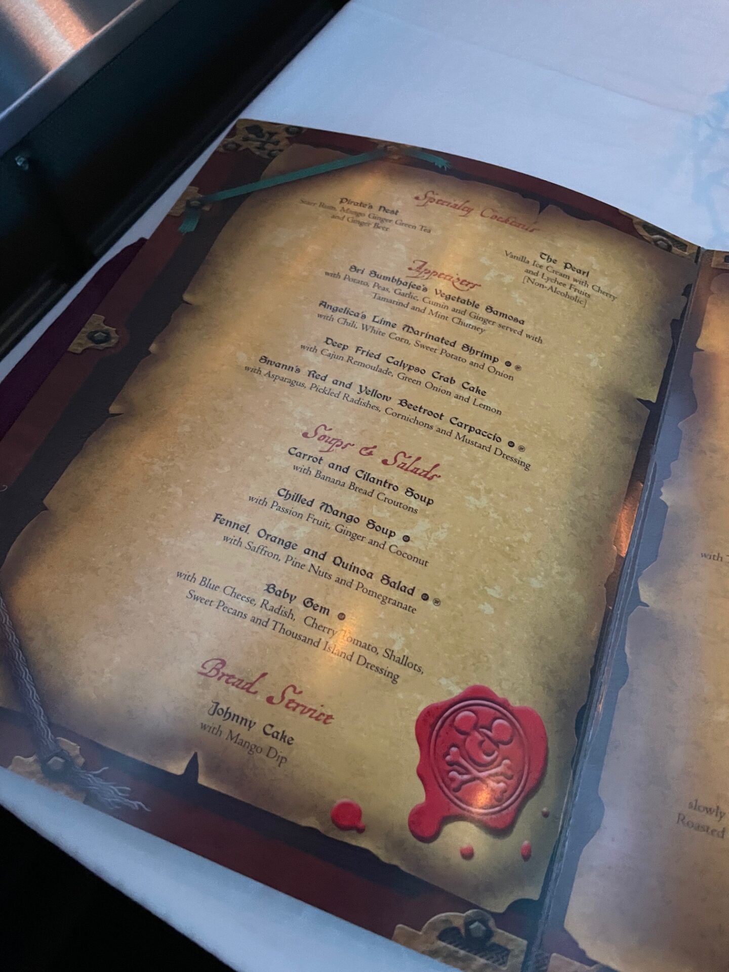 Dinner menu in the main dining rooms for Disney Cruise Pirate Night