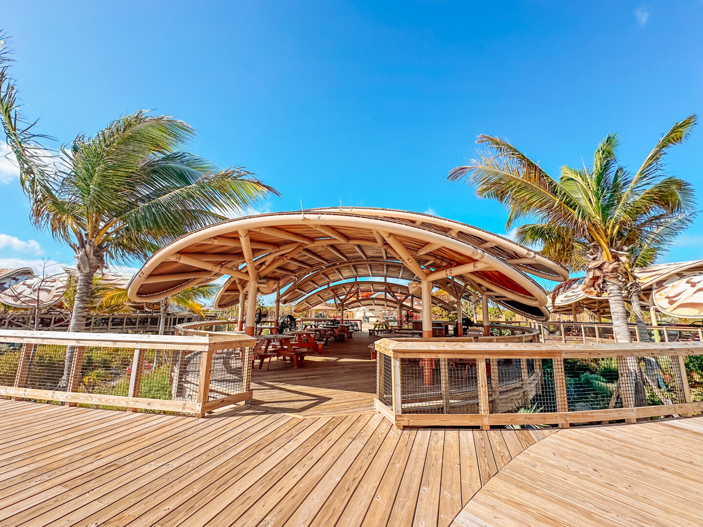 Covered Pavilions at True True BBQ, True True Too BBQ and Serentiy Bay BBQ. Covered areas for eating at Lookout Cay,