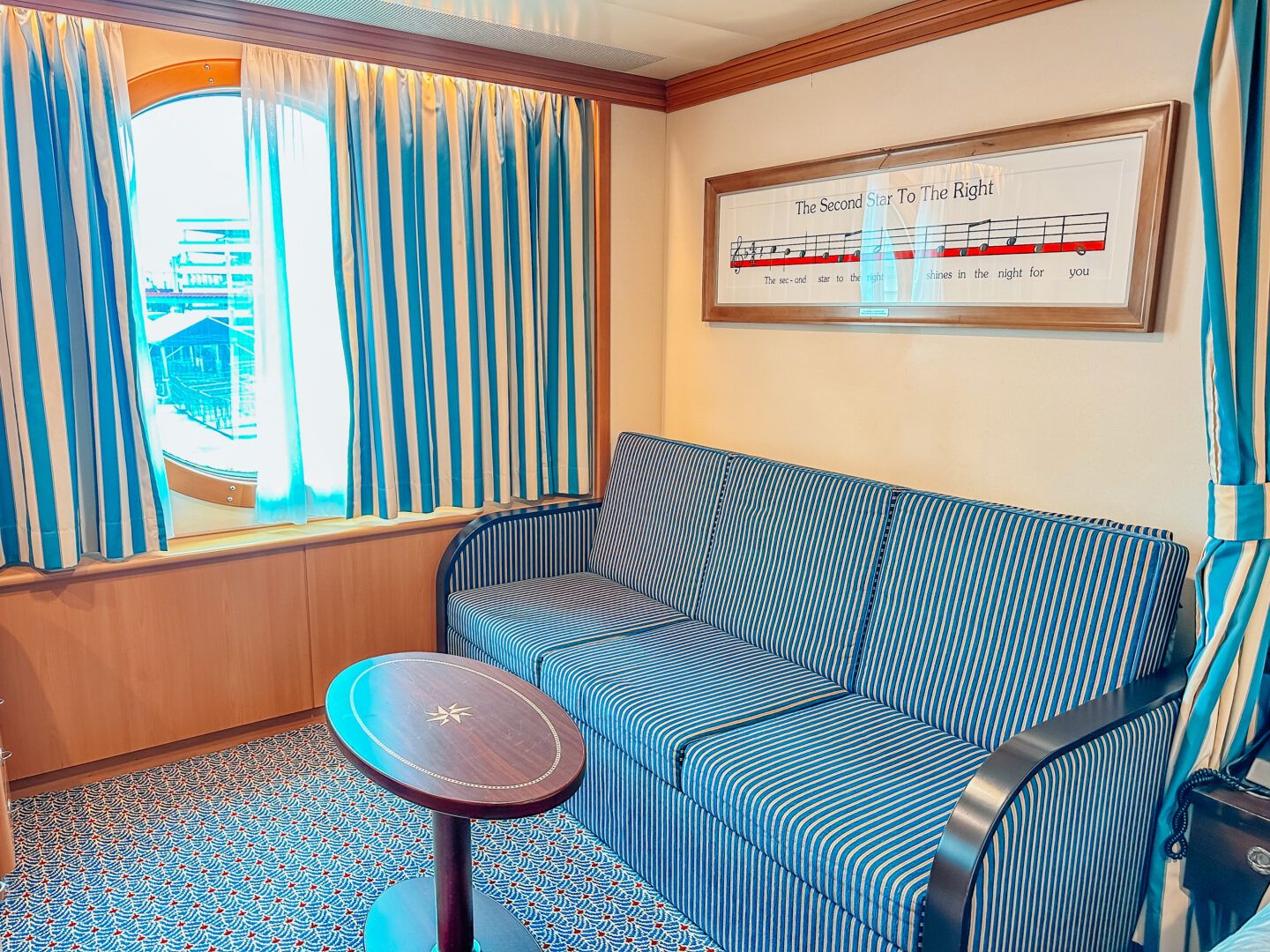 Living space in Disney Cruise line stateroom 2588.