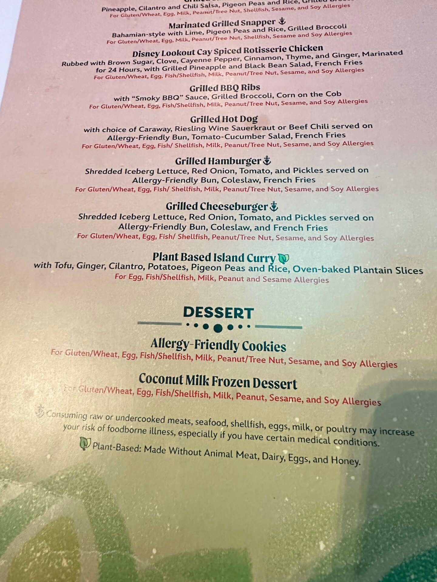 Allergy Friendly food menu for Lookout Cay
