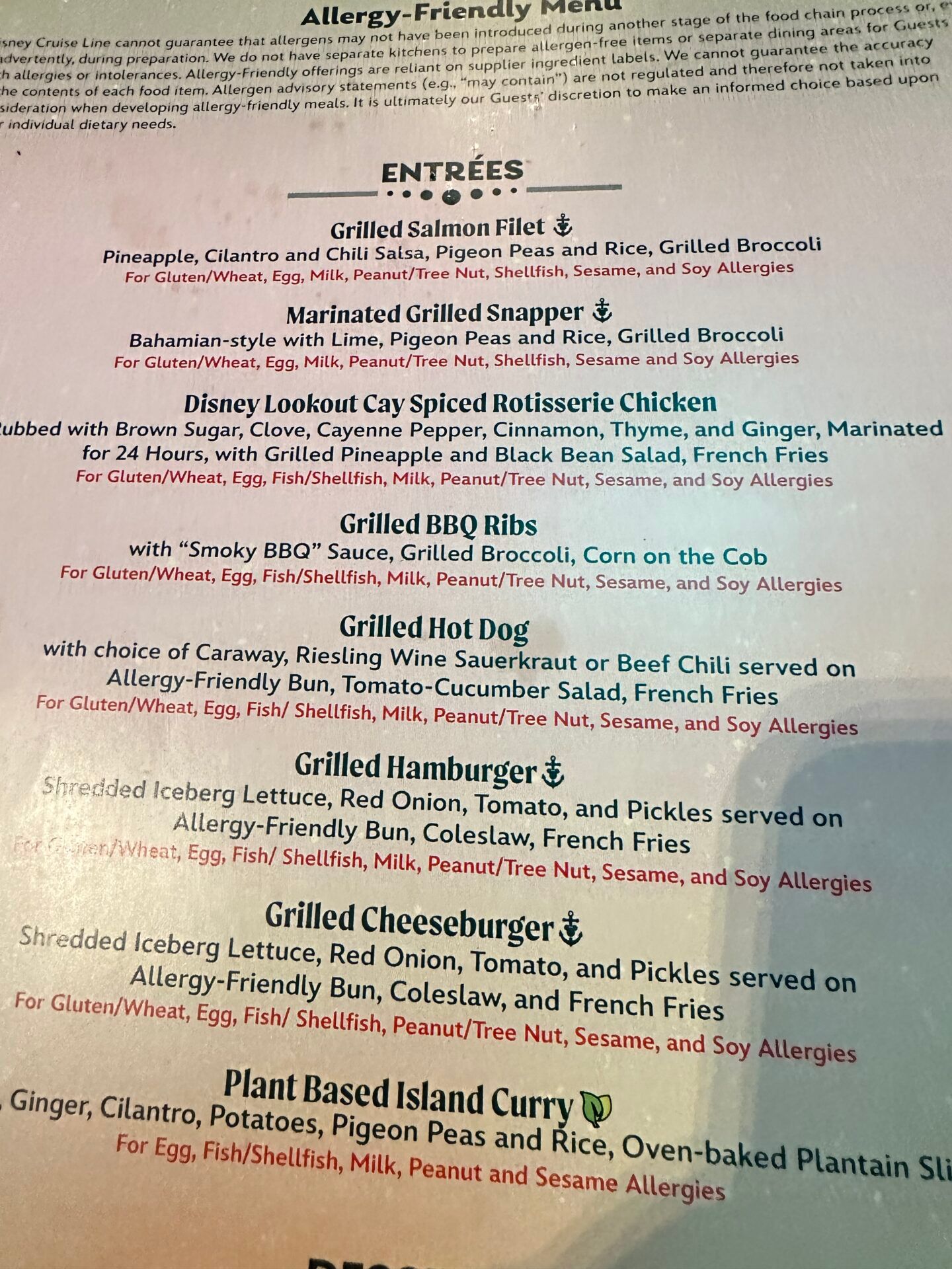 Allergy menu for Lookout Cay at Lighthouse Point.