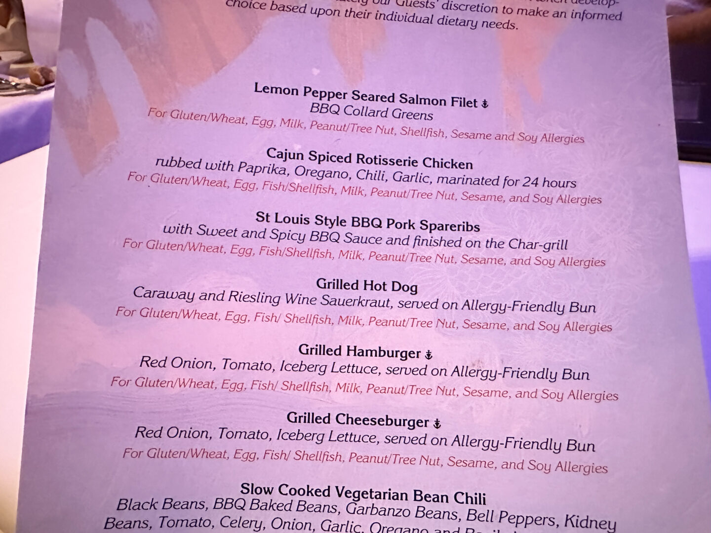 Traveling with allergies on Disney Cruise Line. Allergy menu for Castaway Cay