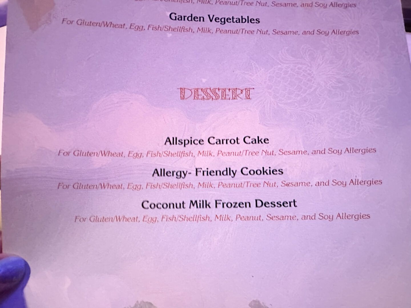 Allergy menu for Castaway Cay