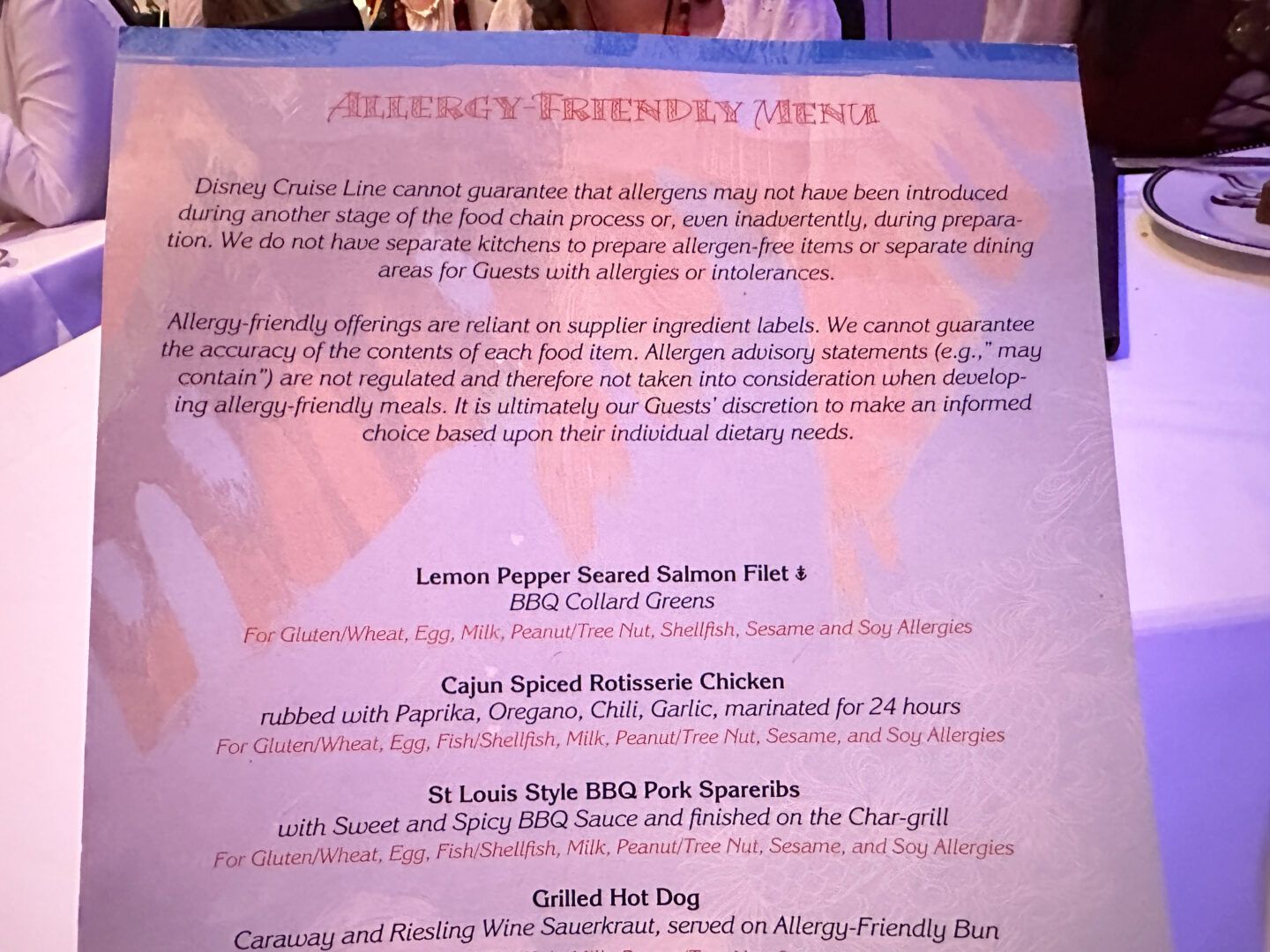 Allergy menu for Disney's Castaway Cay