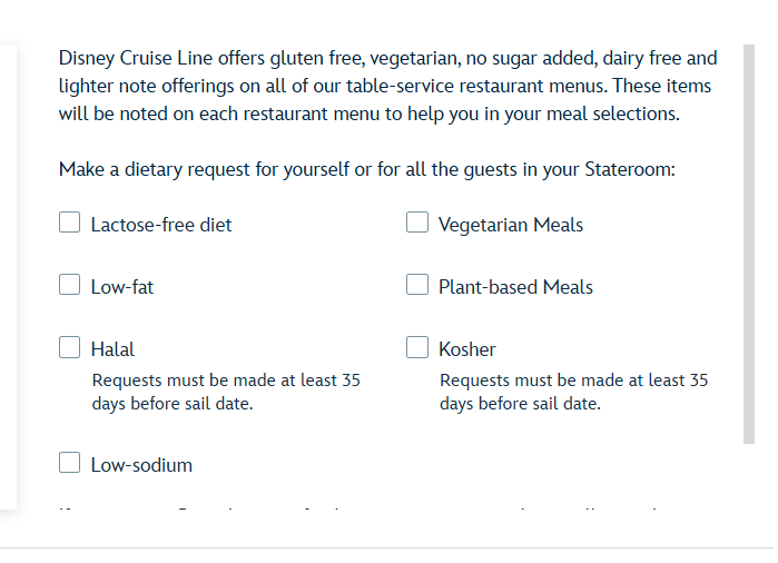 Disney Special Request dietary Preferences Form