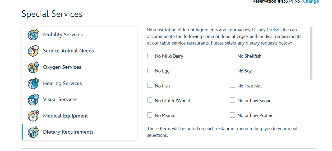 Disney Cruise Special Services Food Allergies Form 