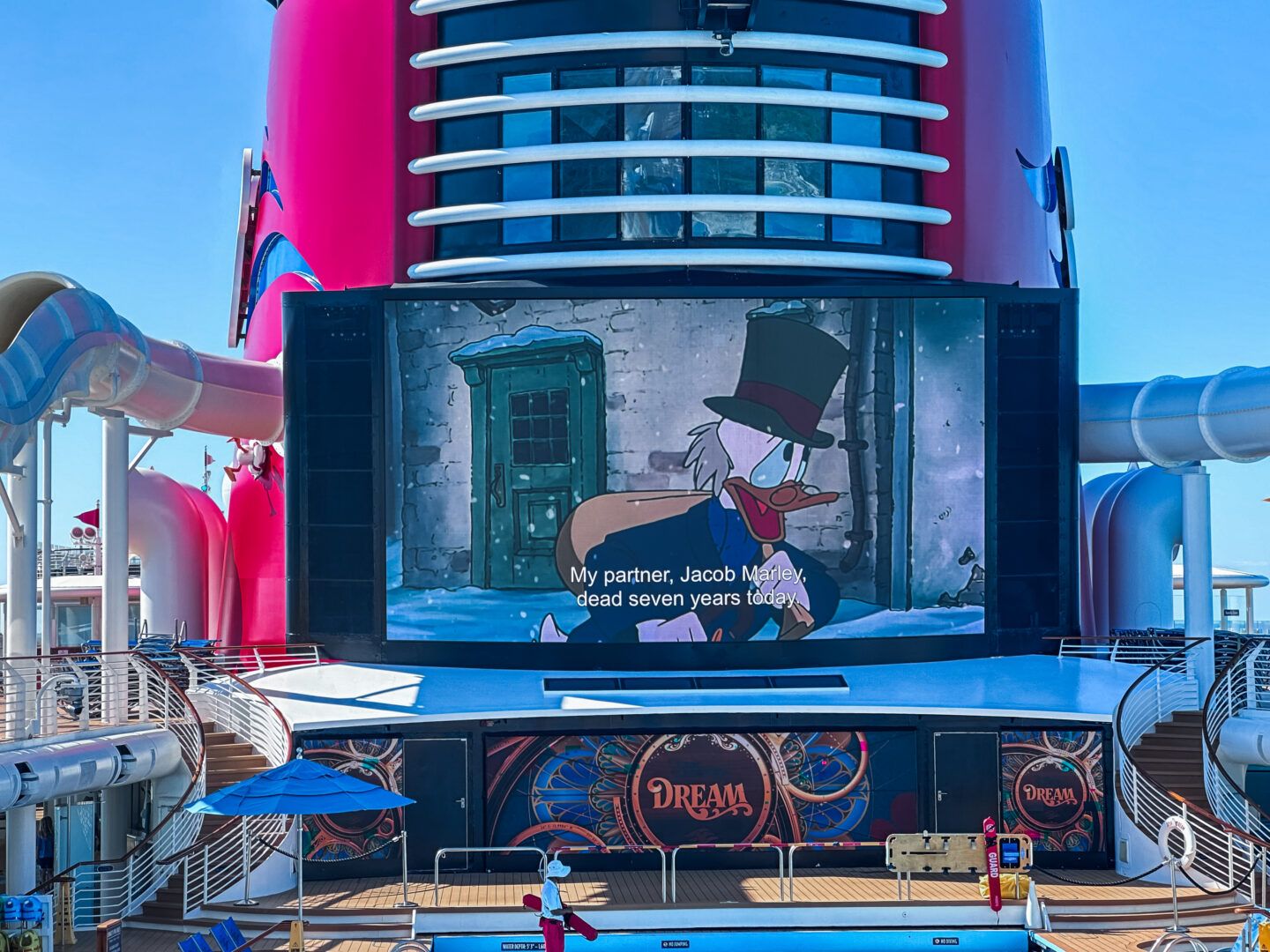 Mickey's Christmas Carol playing on Funnel Vision on a Disney Very Merrytime cruise.