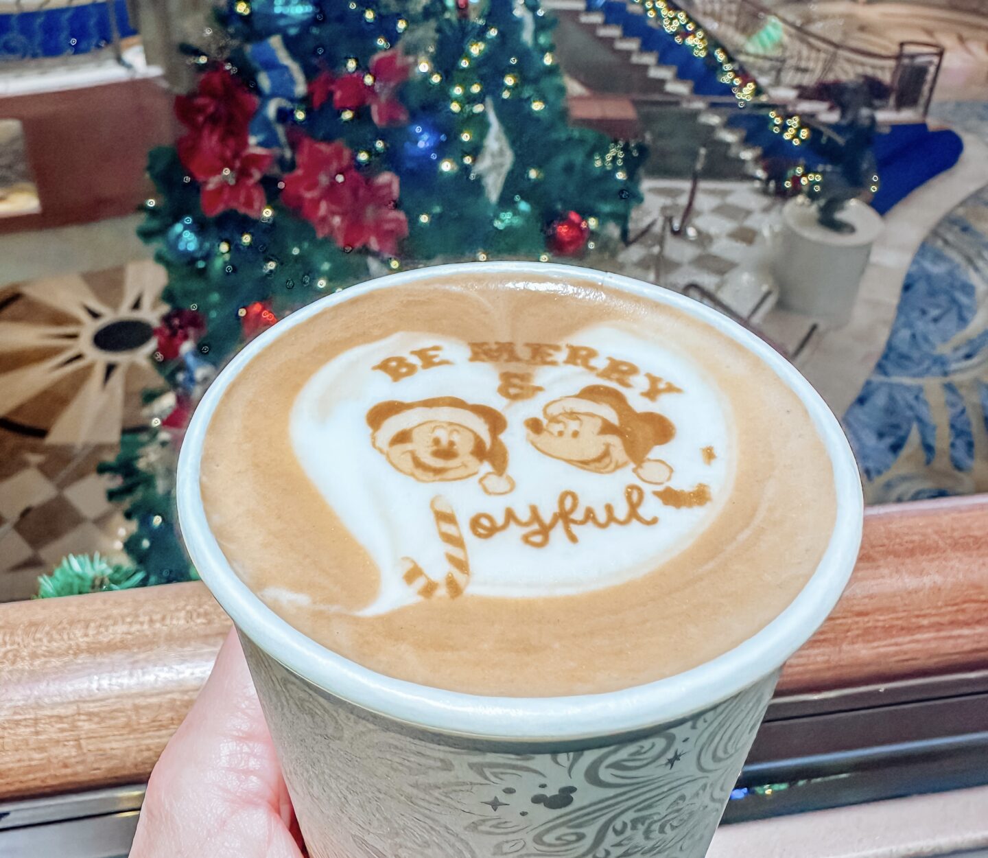 Christmas themed coffee from Vista Cafe on a Disney Very Merrytime Cruise